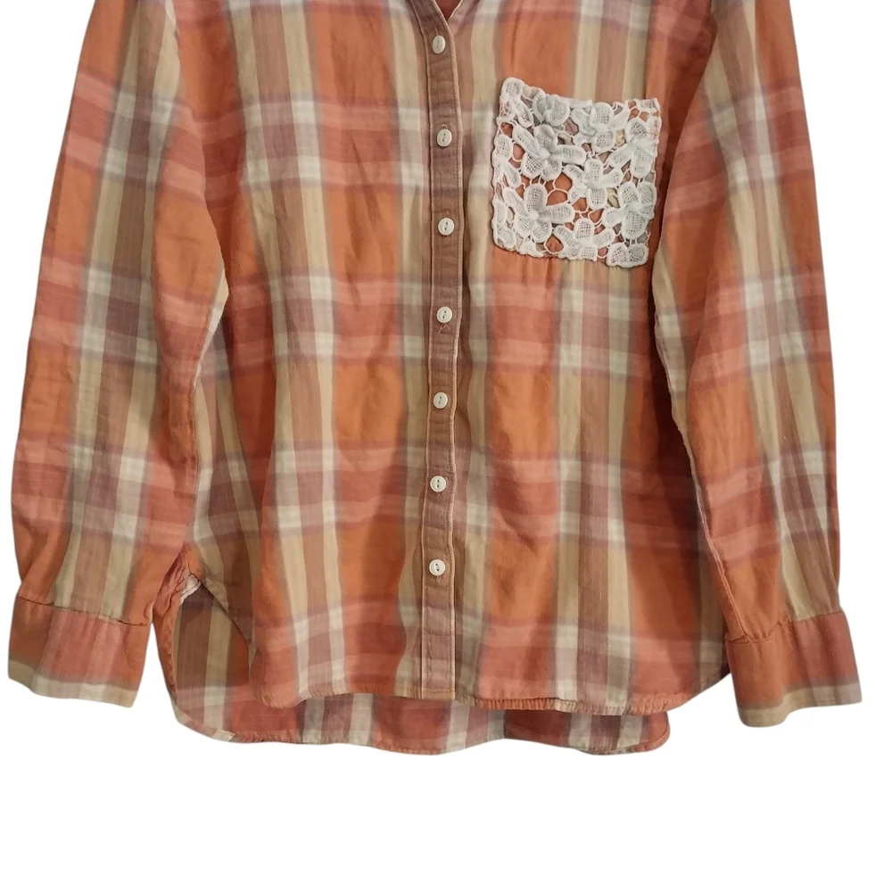 Hippie Laundry Size L Crochet Embellished Plaid Button Cowgirl Long Sleeve Shirt - Picture 5 of 11
